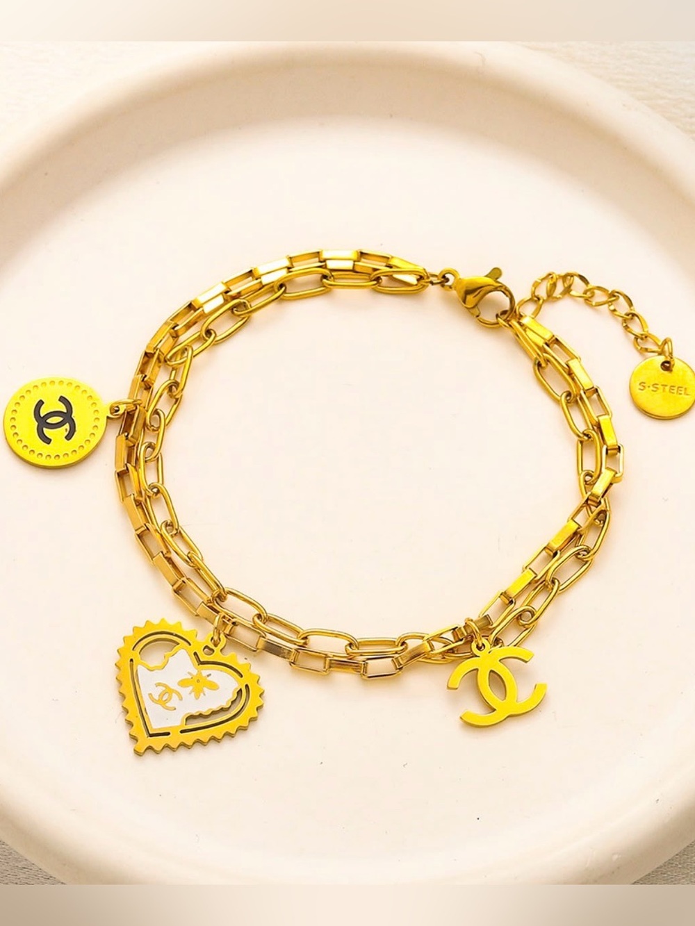 Designer Inspired Gold-Tone CCC Charm Multi-Chain Bracelet